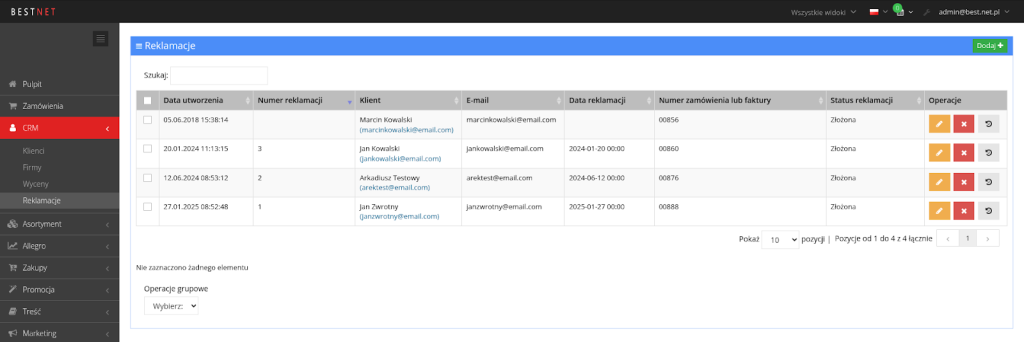 Panel CRM z listą zgłoszonych reklamacji i statusem ich obsługi.