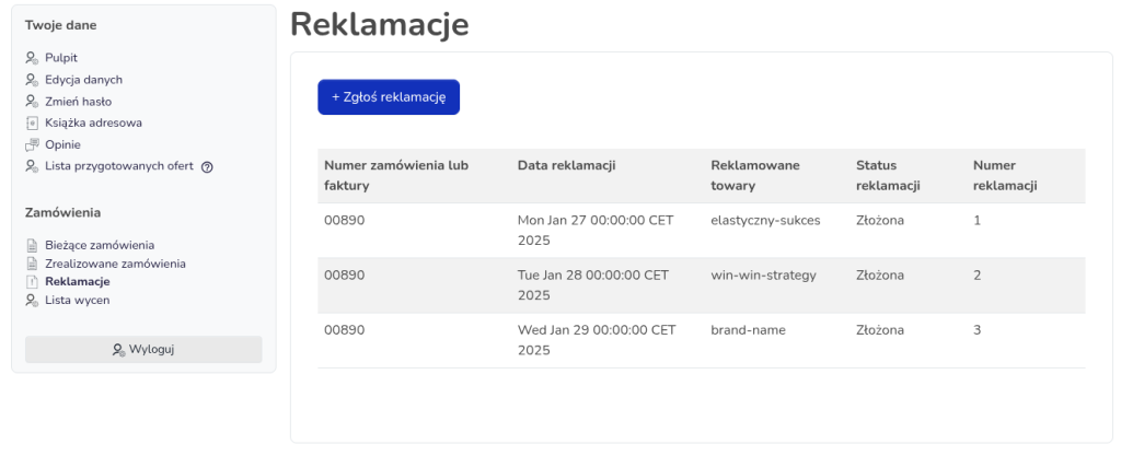 Formularz dodawania reklamacji z danymi klienta i możliwością zgłoszenia uszkodzonego produktu.