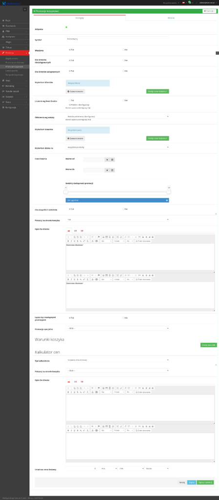 Panel administracyjny sklepu internetowego z konfiguracją promocji koszykowej