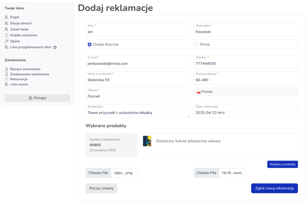 Panel klienta z listą złożonych reklamacji w systemie e-commerce.