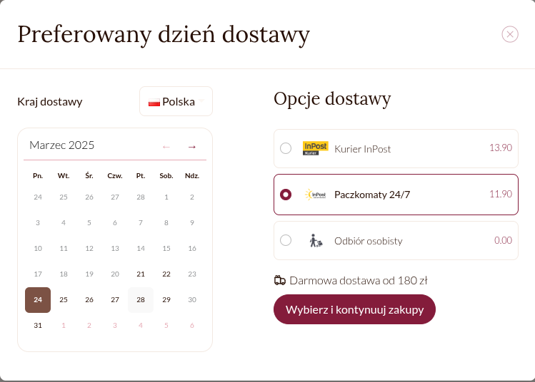 Formularz wyboru preferowanego dnia dostawy i opcji doręczenia z kalendarzem