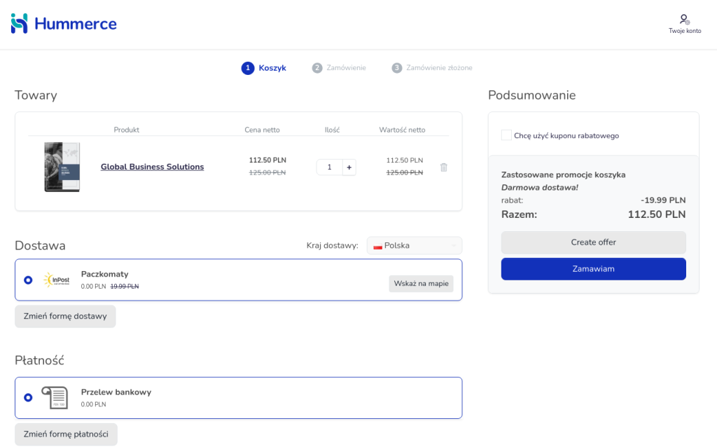 Koszyk zamówienia w sklepie online z naliczoną promocją darmowej dostawy