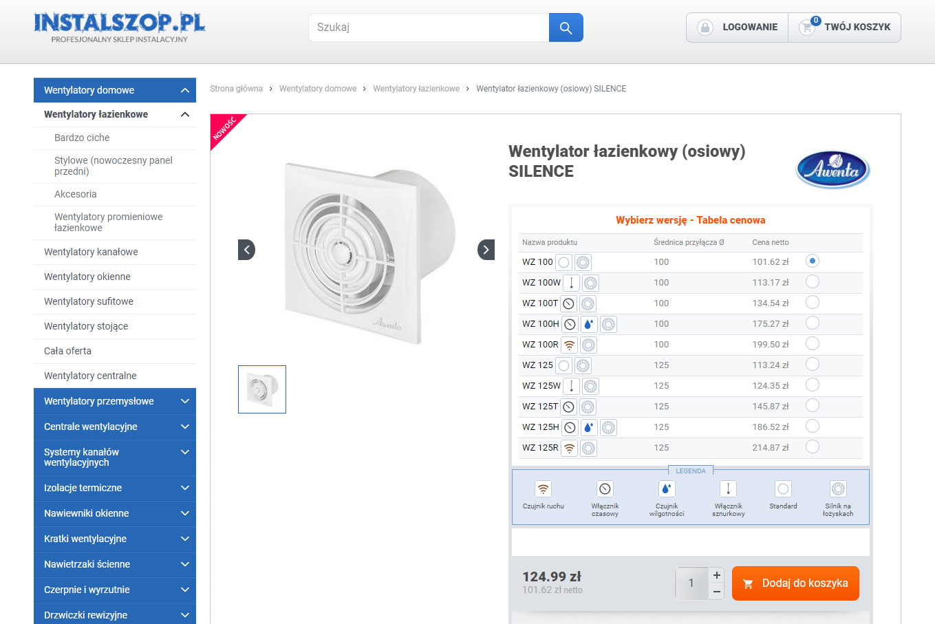 Zrzut ekranu przedstawiający pojedynczy produkt w profesjonalnym sklepie instalacyjnym