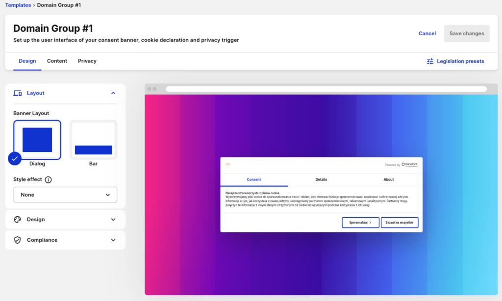 Zrzut ekranu panelu administracyjnego Cookiebot