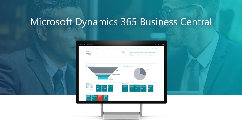 konfigurator produktów, platformy b2b, migracja sklepu internetowego Interfejs Microsoft Dynamics 365 Business Central jako przykład platformy B2B wyświetlony na monitorze, w tle dwóch biznesmenów w garniturach