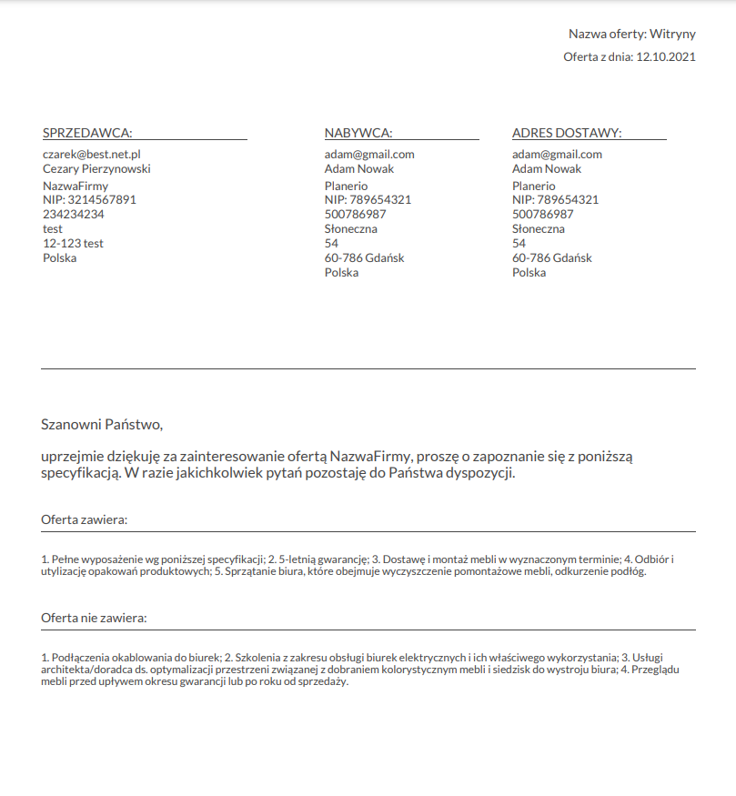 Zrzut ekranu z modułu generowania ofert