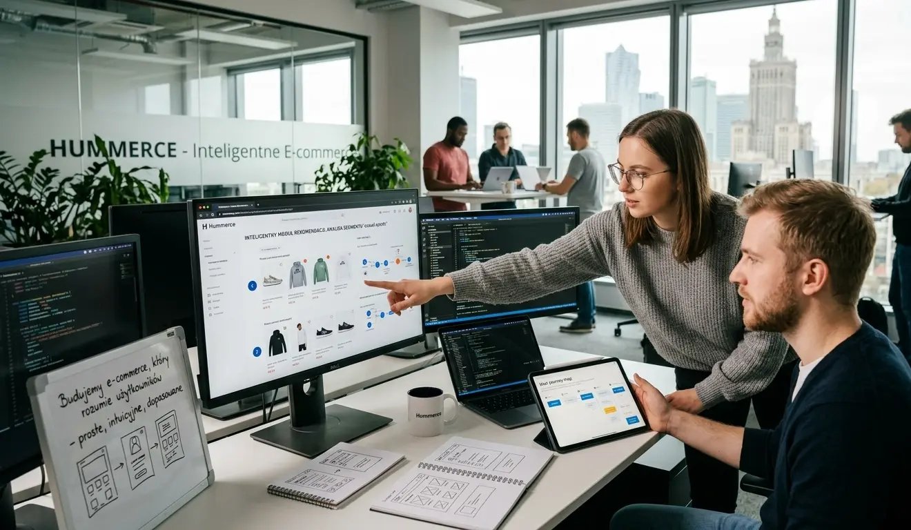 Zespół projektowy Hummerce pracujący nad inteligentnymi modułami e-commerce w nowoczesnym biurze; na ekranie monitora widoczny interfejs platformy z analizą rekomendacji produktów.