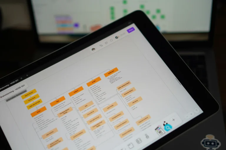 Schemat architektury informacji i user flow aplikacji wyświetlony na tablecie podczas projektowania UX